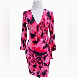 Y2K Cache Pink Leopard Wrap Bodycon Dress Long Sleeve Small